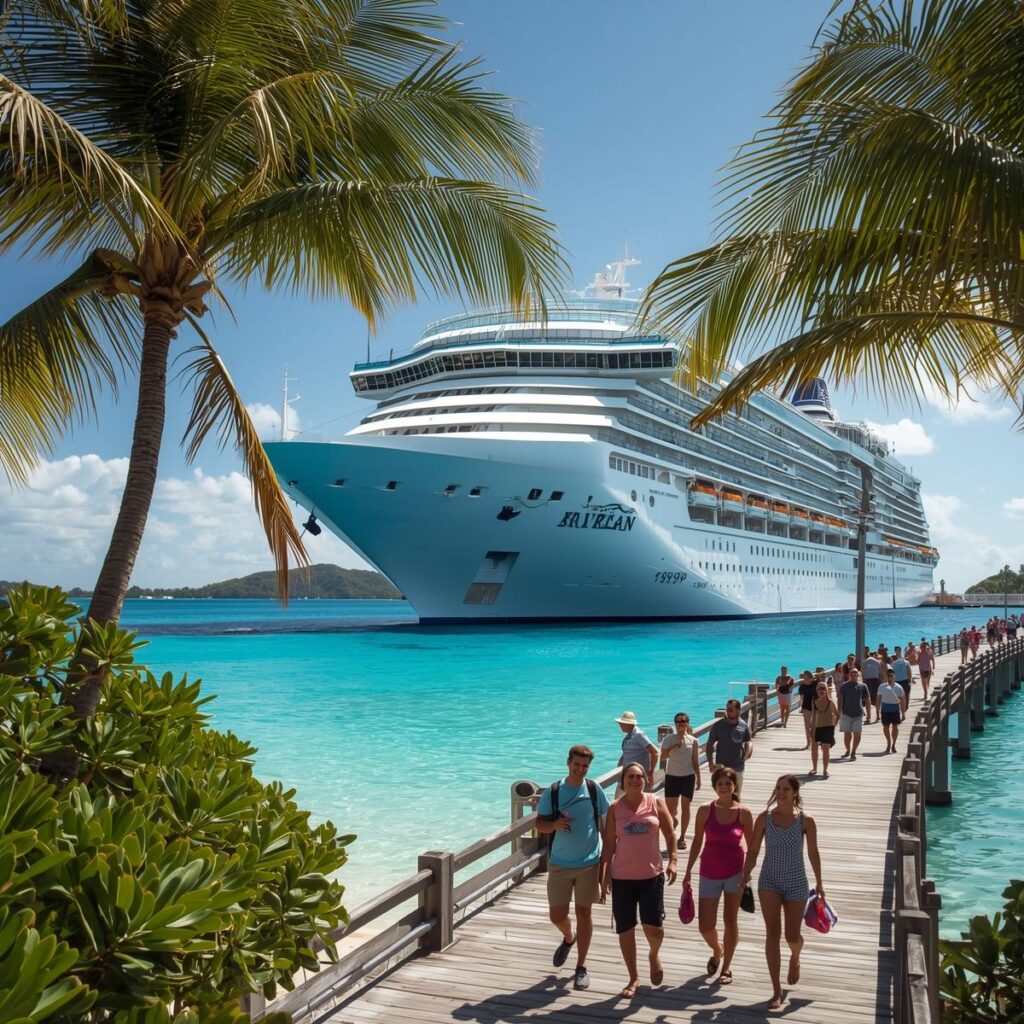 A cruise ship arriving at a Caribbean port with clear blue water tropical surroundings and tourists walking along the pier