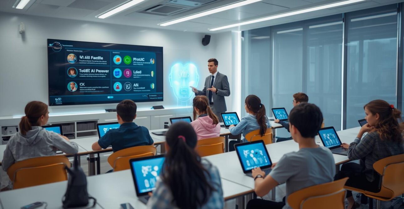 1 A modern classroom with students using AI powered tablets interactive digital boards and a virtual AI assistant displayed as a hologram in the room