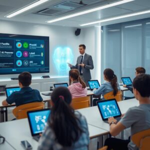 A modern classroom with students using AI powered tablets interactive digital boards and a virtual AI assistant displayed as a hologram in the room