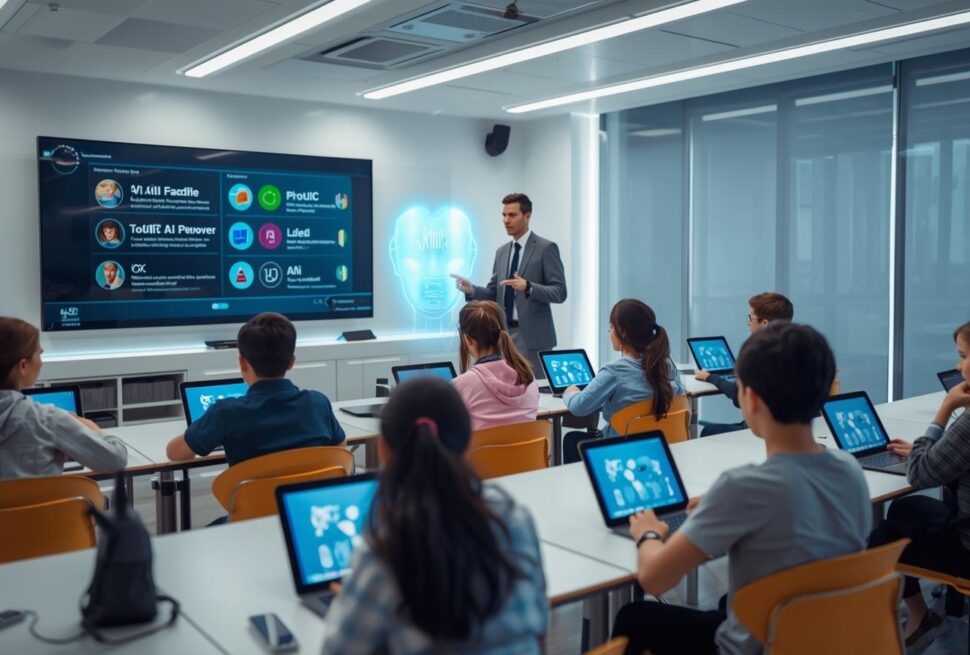 A modern classroom with students using AI powered tablets interactive digital boards and a virtual AI assistant displayed as a hologram in the room