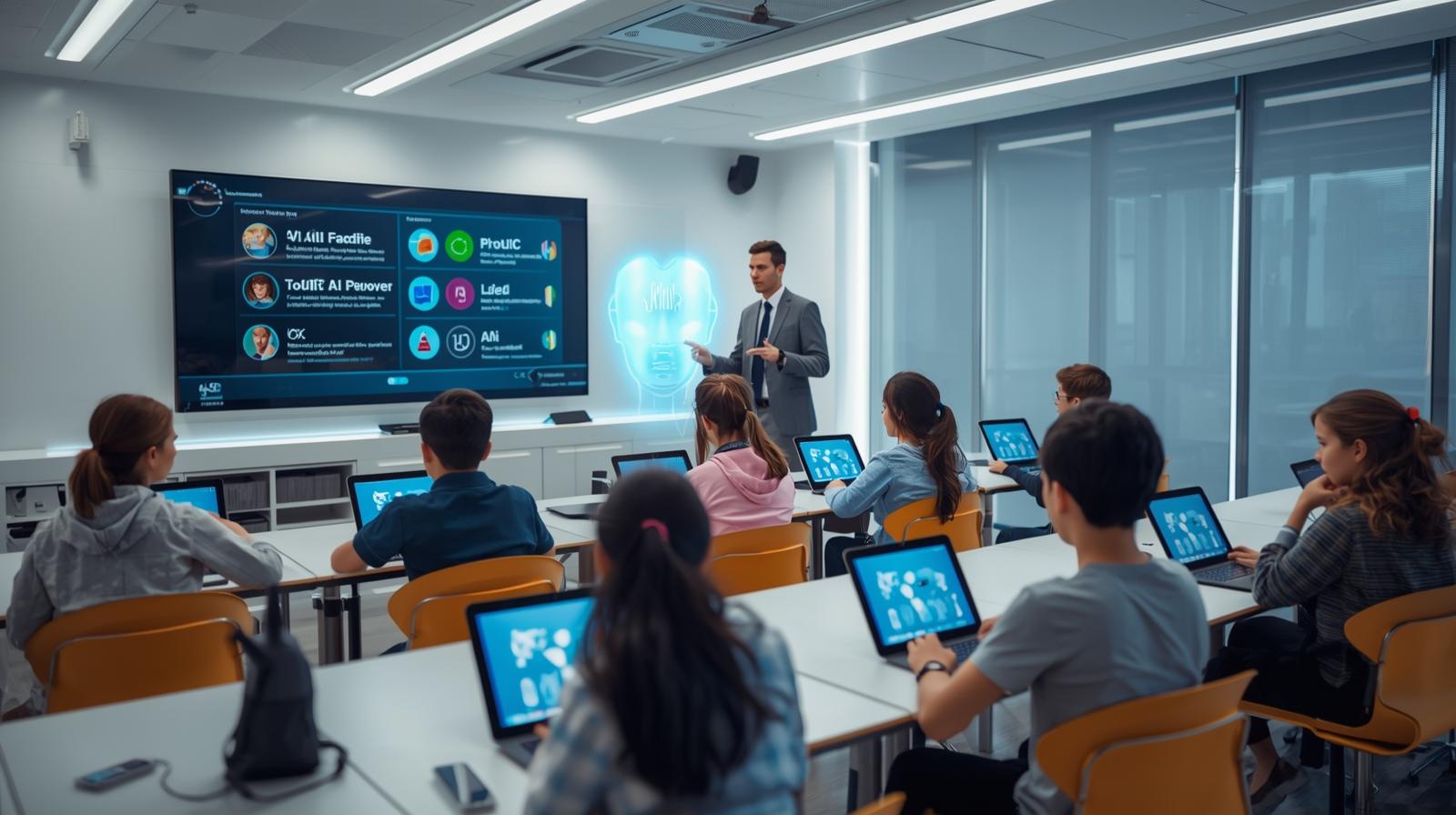1 A modern classroom with students using AI powered tablets interactive digital boards and a virtual AI assistant displayed as a hologram in the room