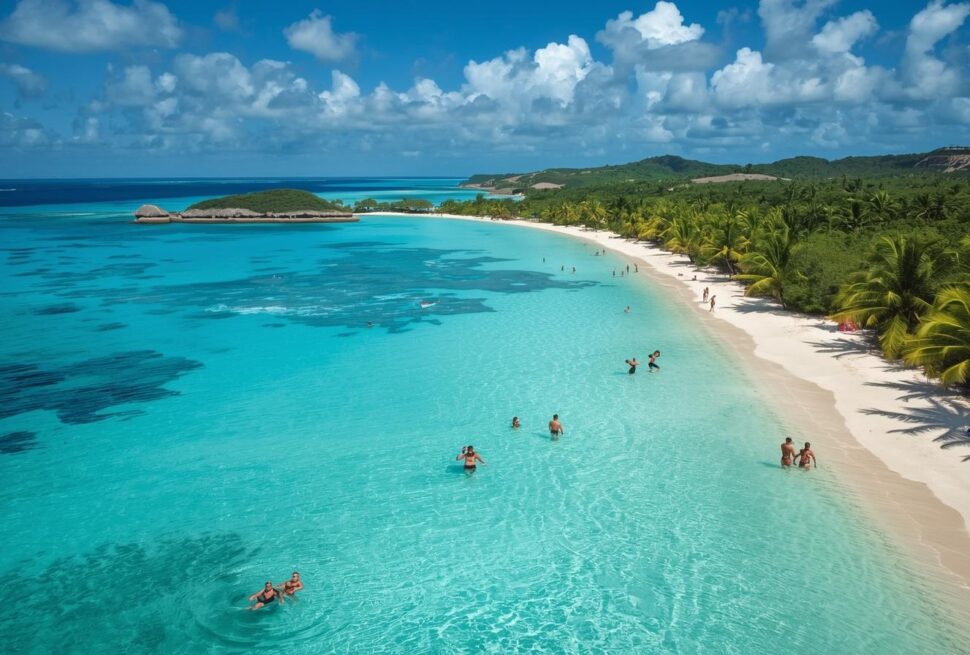Aerial view of Caribbean islands with turquoise water white sand beaches palm trees bright sky and tourists enjoying the beach and water activities