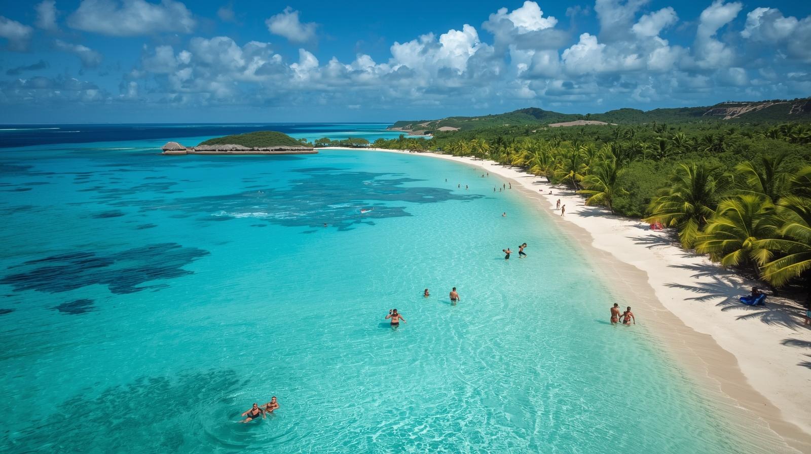 Aerial view of Caribbean islands with turquoise water white sand beaches palm trees bright sky and tourists enjoying the beach and water activities