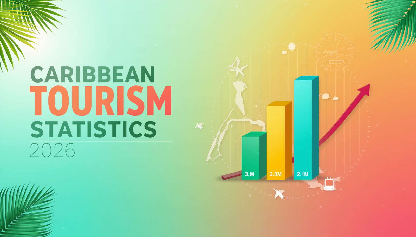Bar chart showing Caribbean tourism statistics 2026 – 32.1 million visitors, top islands Dominican Republic, Jamaica, Bahamas, with year-over-year growth arrows.