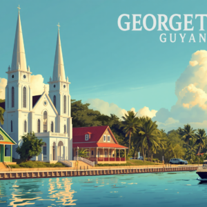 Georgetown Guyana travel guide feature image showing St. George's Cathedral, colorful wooden houses, and Demerara River with palm trees.