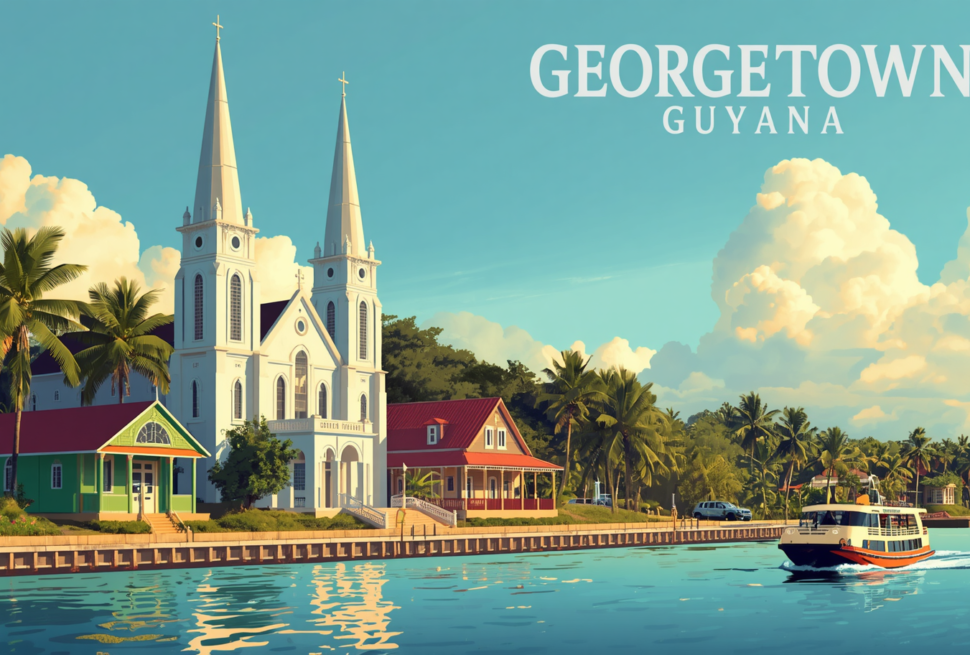 Georgetown Guyana travel guide feature image showing St. George's Cathedral, colorful wooden houses, and Demerara River with palm trees.